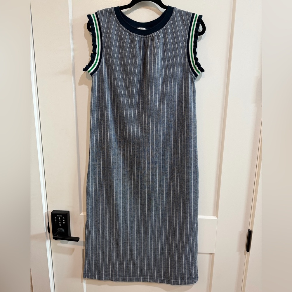 Voy EUC Stripe Sleeveless Midi/Maxi Blue w/white stripes & Ruffle Trim. Sz Small
